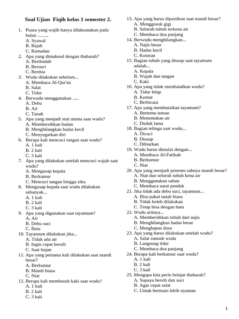 Soal Ujian Fiqih Kelas 1 Semester 2 PDF Soal Ujian Fiqih Kelas 1 Semester 2 PDF