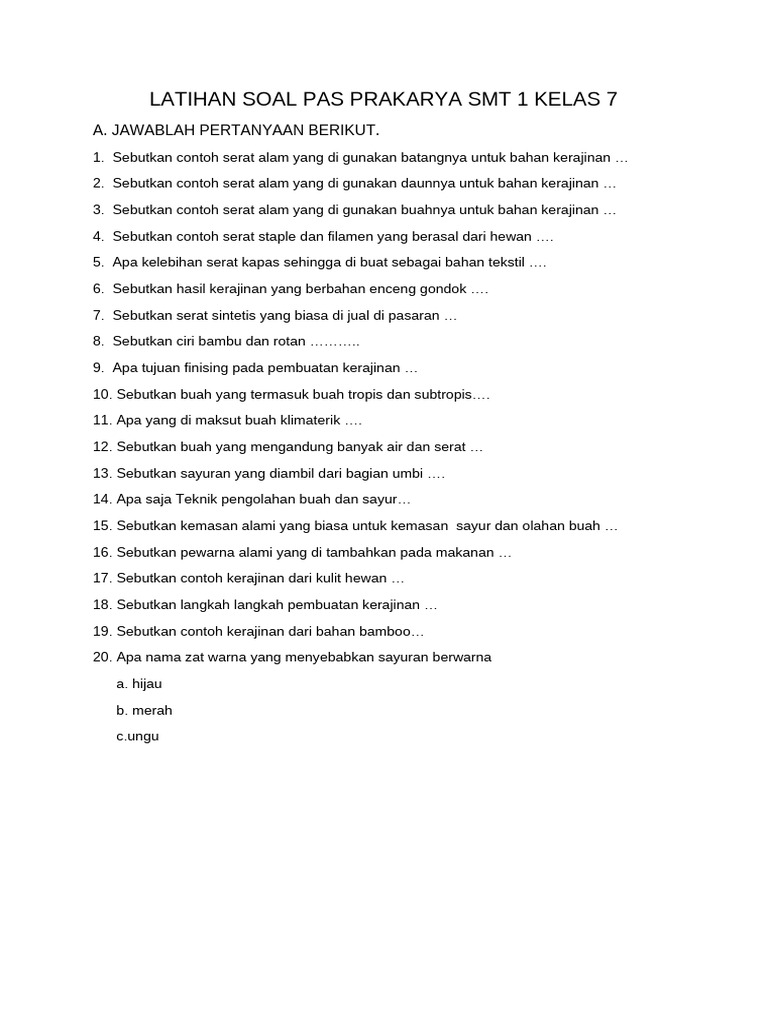 Soal Latihan Prakarya Kelas 7 SMT 1 PDF