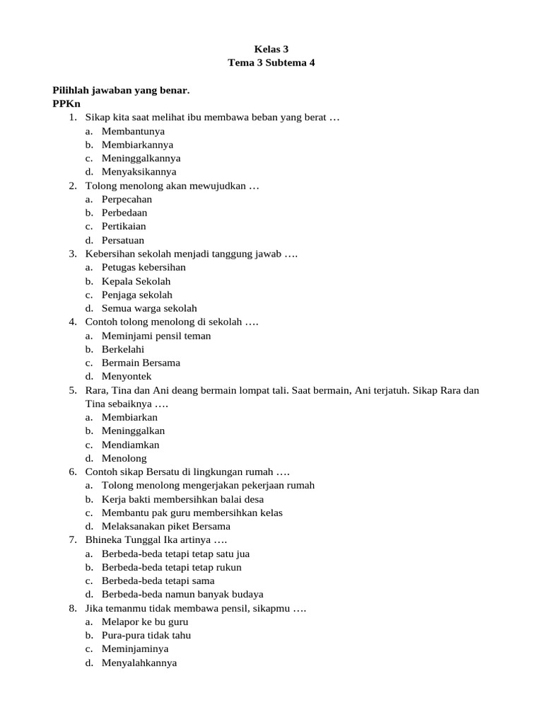 Soal PPKn Bahasa dan Matematika Kelas 3 PDF Soal PPKn Bahasa dan Matematika Kelas 3 PDF