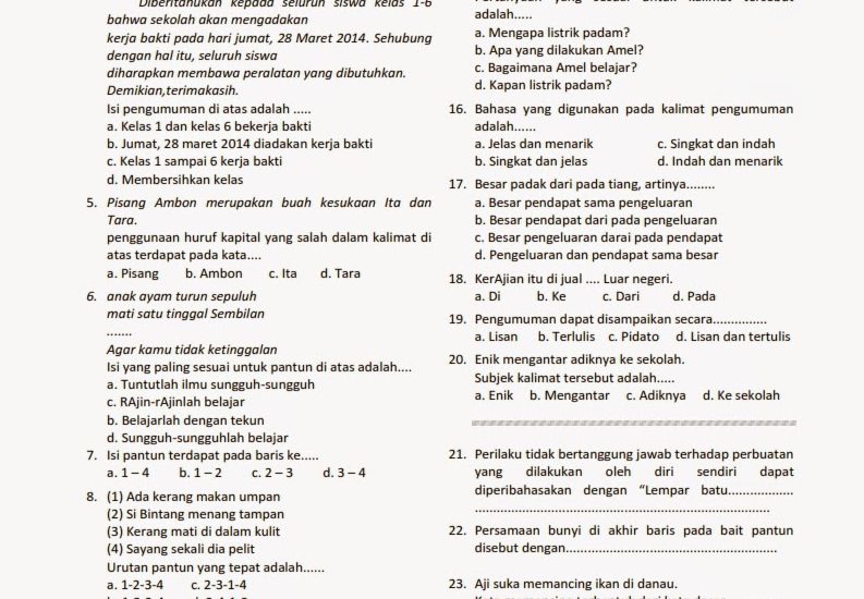 5 Contoh Soal Bhs Indonesia Semester 1 Kelas 4 Kurtilas yang Sering Muncul di Ujian