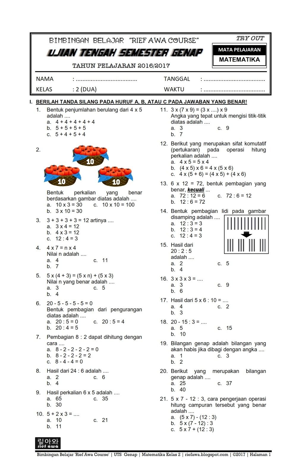 Mengintip Ujian Kelas 4 SD Semester 2 Tahun Ajaran 2016-2017 Contoh