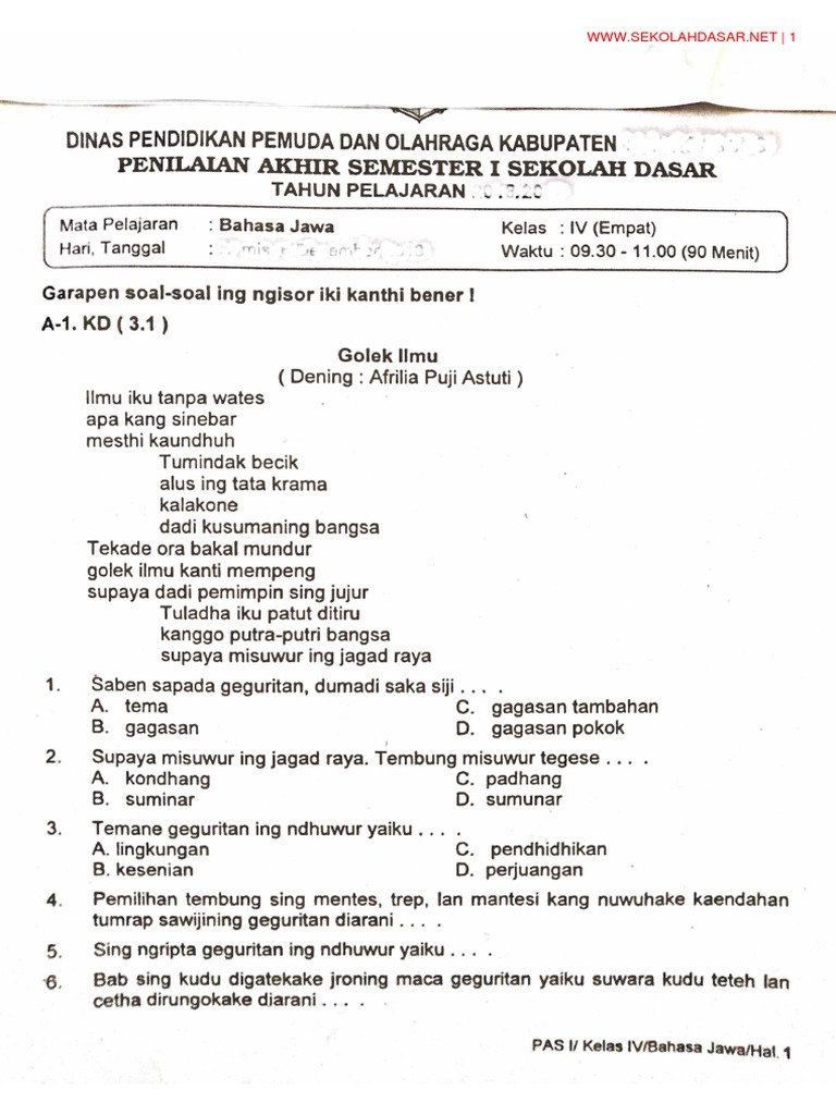 10 Contoh Soal BHS Jawa Kelas 4 K13 Semester 1 Terbaru 2026 yang Wajib Dikuasai Siswa