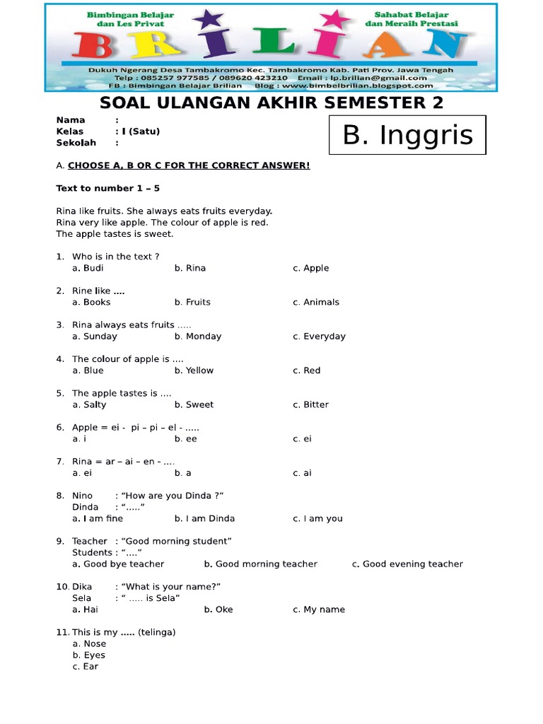 7 Contoh Soal Bimel Bahasa Inggris SD Kelas 1 Ruang Guru yang Wajib Dikuasai Sebelum Terlambat