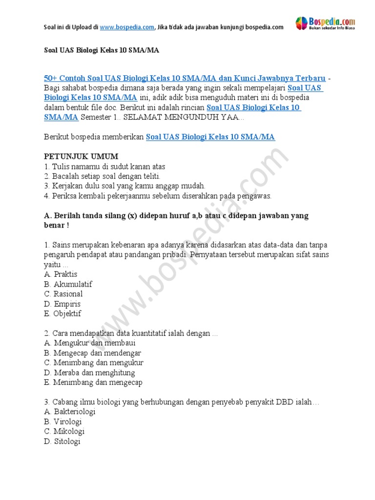 Akhirnya Ada Kumpulan Contoh Soal Biologi Kelas 10 Semester 1 Beserta Jawabannya yang Wajib Kamu Pelajari Sebelum Ujian