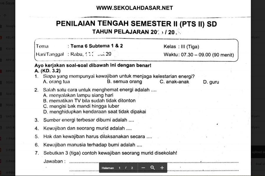 Soal Ulangan Kelas 3 Tema 6 Subtema 1 dan 2 - Latihan UAMBN Soal Ulangan Kelas 3 Tema 6 Subtema 1 dan 2 - Latihan UAMBN