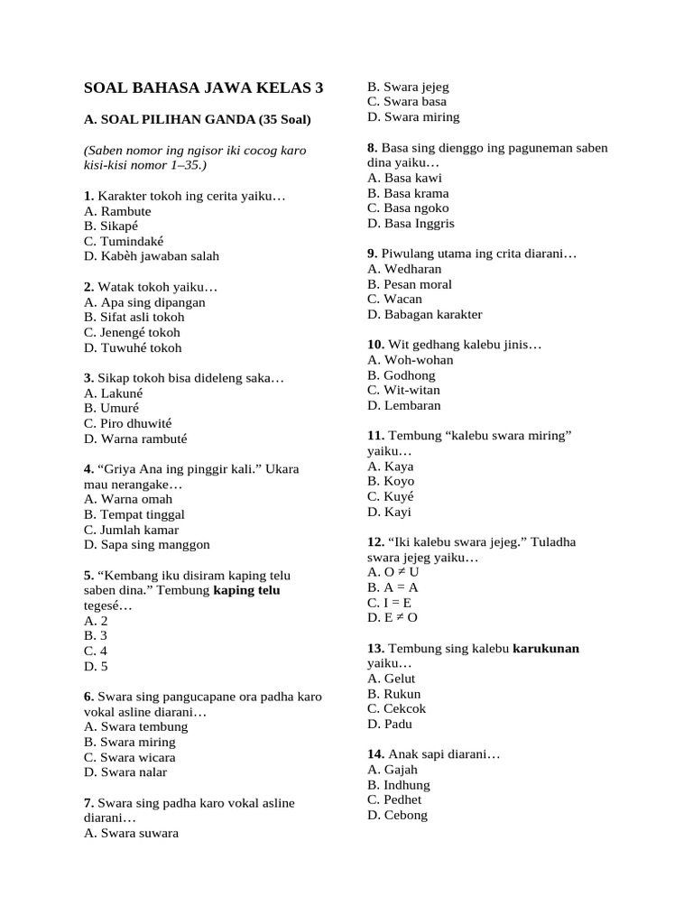 Soal Bahasa Jawa Kelas 3 Lengkap PDF