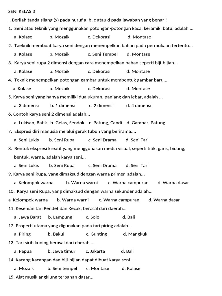Contoh Soal SBDP Kelas 3 Semester Akhir 2025 PDF Contoh Soal SBDP Kelas 3 Semester Akhir 2025 PDF