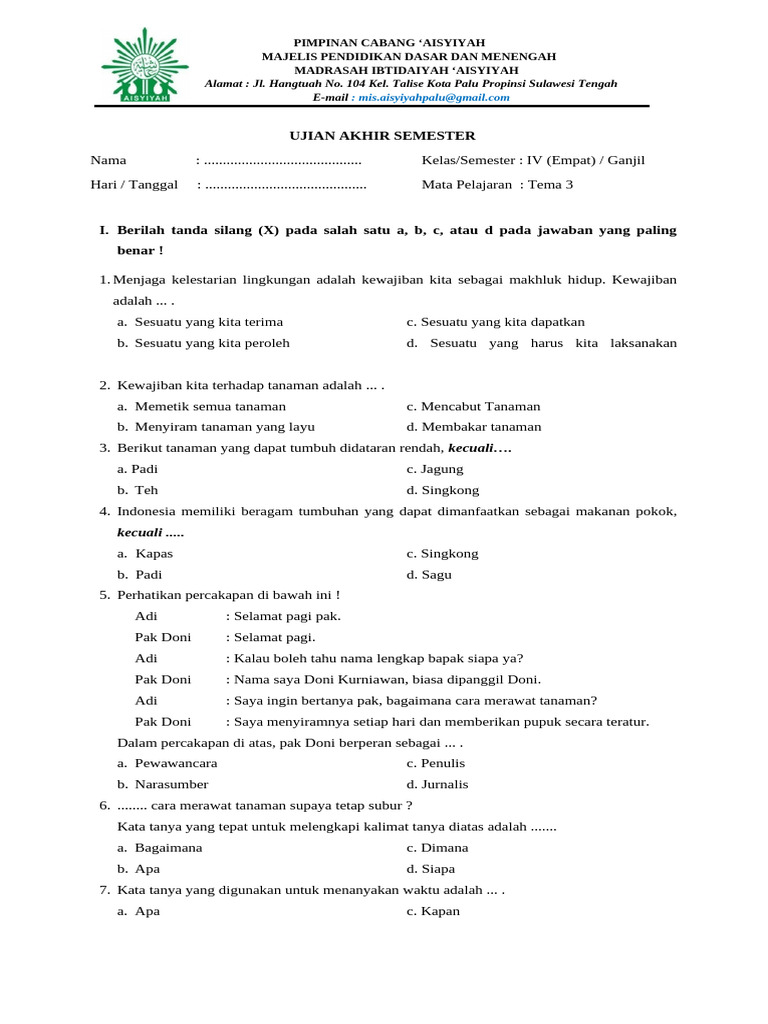 Wajib Tahu! Bocoran Soal Soal Penilaian Akhir Semester Kelas 4 Tema 3 Paling Akurat